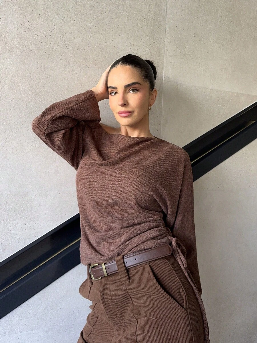 Marta Soriano 女士斜肩长袖短款休闲T恤，时尚百搭 - 咖啡棕 - 查看 1