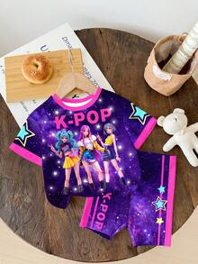 SHEIN Bộ 2 món cho bé gái, áo thun ngắn tay và quần short in chữ và hoạt hình, thích hợp mặc hàng ngày vào mùa hè. - Nhiều màu - Xem 2