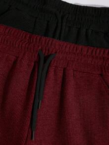 EURMUSE Men's Basic Waffle Fabric Shorts 2 Packs - Burgundy - View 5