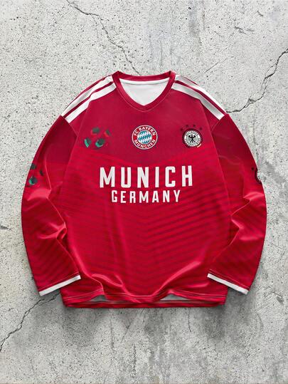 EVRINFINITE Camiseta de manga larga con estampado de letras y números, corte holgado, estilo clásico de club de fútbol, cómoda y ligera, estilo casual de campus y calle para primavera, verano, otoño, jersey de fútbol de verano