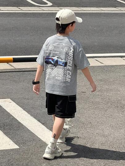 SHEIN 2pcs Tween Boy Comfortable Loose Fit Crew Neck Race Car Graphic Short Sleeve T-Shirt And Contrast Trim Cargo Shorts Set, Suitable For Summer Casual, Sports, Vacation, Party, School, Fashion Street Style