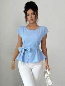 GlowEve 新款圆领侧褶皱系带优雅休闲通勤百搭女式衬衫 - 藍色 - 查看 3