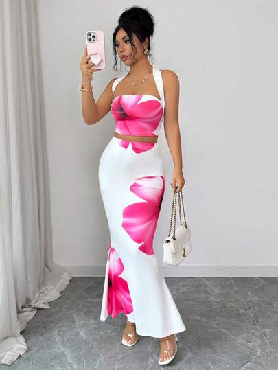 Rafferiza 2pcs Women's Printed Backless Tie Strap Crop Top And Fitted Skirt Set, Summer