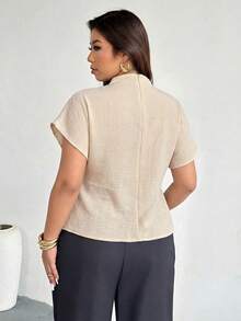 Firerie Plus Size Women Casual Elegant Vacation Ruched Collar Irregular Sleeve Side Ruched Waist Slimming Textured Fabric Blouse, Spring/Summer - Apricot - View 2