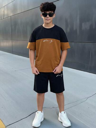 SHEIN 2pcs/Set Tween Boy Casual Color Block Round Neck Short Sleeve T-Shirt And Shorts Set, Suitable For Commuting, School, Daily Casual Wear, Sports, Spring/Summer