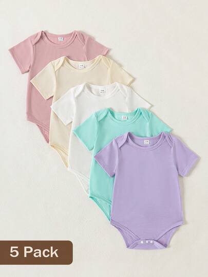 SHEIN Playful Pals Set de 5 piezas de pelele de cuello redondo de unicolor suave y cómodo para bebés niñas, uso casual y de moda, fácil de poner y quitar, adecuado para primavera/verano