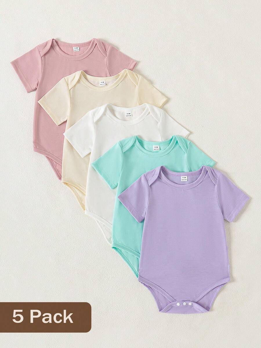 SHEIN Playful Pals 5件套女婴柔软舒适圆领纯色连体衣,时尚休闲日常穿着,易于穿脱,适合春夏穿着 - 彩色 - 查看 1