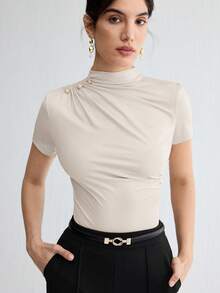 BizChic 女士纯色褶皱优雅短袖T恤，适合办公室、正式场合、通勤、休闲、浪漫、90年代复古风、派对、毕业典礼、婚礼宾客、伴娘、主持人、外出、社交、约会、聚会、音乐会、毕业典礼、早午餐、机场等各种场合。 - 灰色 - 查看 5