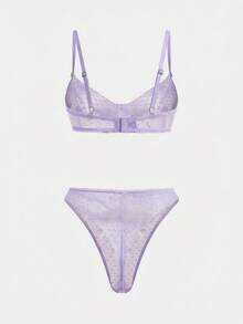 lacRébo Soft Delicate Lilac Mesh Lingerie Set With Underwired Bra Rose Flower Trim Detail And Matching Thong Romantic Cute French Style Parisian Style - Purple - View 7