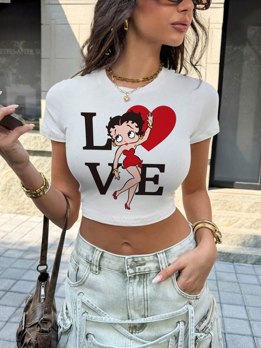 Betty Boop x SHEIN Women's Casual Cartoon Print Short Sleeve T-Shirt - White - View 1