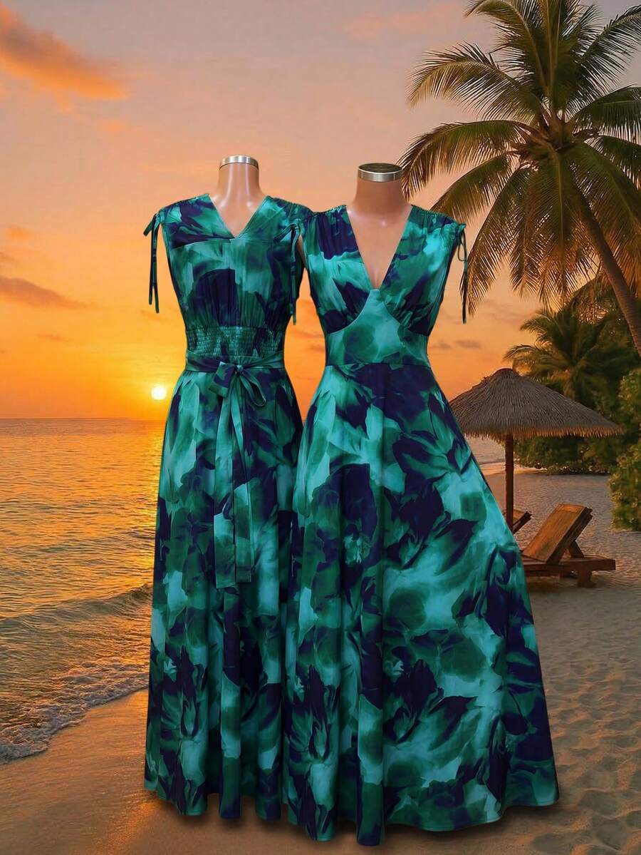 Lunelith SHEIN Lunessa 女士印花V领无袖优雅度假连衣裙 - 綠松石色 - 查看 1