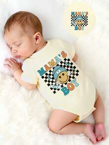 Áo liền thân tay ngắn cổ tròn in hình hoạt hình dễ thương, phong cách mùa xuân hè cho bé trai, thời trang thường ngày, sáng tạo, cá tính, tươi mới, tối giản, họa tiết mặt hoạt hình, kẻ caro, hình ván trượt, tia chớp, ngôi sao, chữ cái và khẩu hiệu, in hình đồ họa. Trang phục thoải mái hàng ngày, phong cách mùa hè ấm áp phù hợp với không khí mùa xuân và hè của bé trai. - Màu Khaki - Xem 3