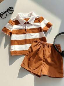 SHEIN 2 pièces/Set Bébé/Bébé Garçon/Fille Chemise à col polo rayée noir et blanc à manches courtes et short noir, tenue confortable et chic pour tous les jours, convient pour le printemps/l'été/l'automne/l'hiver, intérieur, extérieur, quotidien, sport, fête, séance photo, festival, streetwear, Noël, Nouvel An - Multicolore - Voir 4