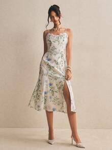 Poéselle Floral Lace Trim Midi Slip Dress For Women, Side Slit Wedding Guest Outfit, Elegant Summer Garden Party Dress,Women's Elegant Floral Print Sleeveless Dress, Summer,Summer Dresses For Women - Multicolor - View 7