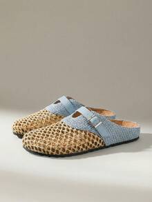 女士春夏新款编织网面平底鞋，拼接装饰，圆头设计，一脚蹬，舒适简约，适合度假、通勤、休闲百搭、约会旅行、下午茶等场合。 - 天藍色 - 查看 2