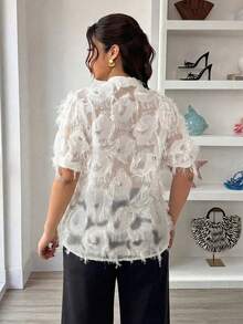 Elenzga Blusa de fiesta con escote en V y manga corta de tela jacquard negra, top para mujer de talla grande, primavera/verano - Beis - Ver 2
