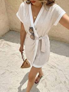 SHEIN Frenchy Đầm ngắn nữ kiểu dáng thường ngày, thắt nút, thích hợp cho kỳ nghỉ, tiệc tùng, du lịch. - Màu be - Xem 1