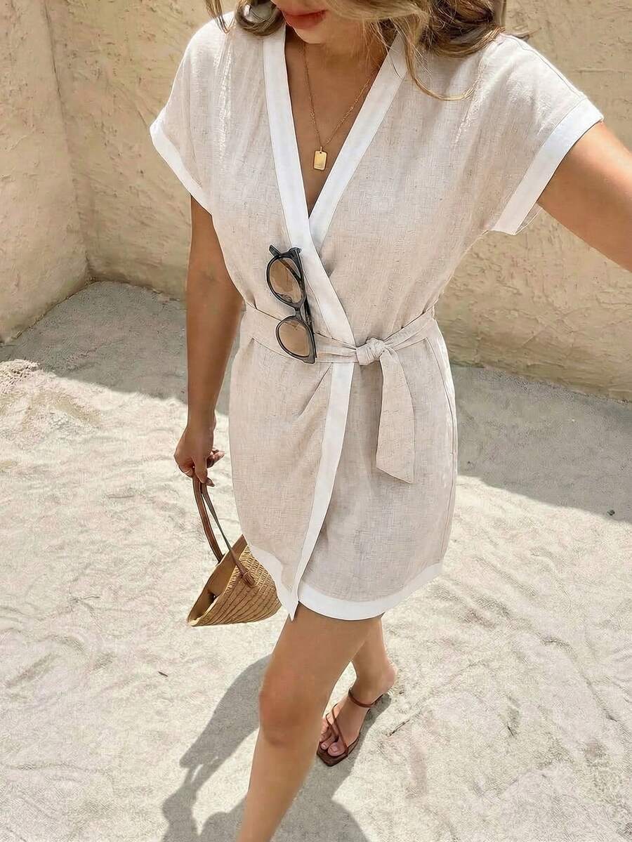 SHEIN Frenchy Đầm ngắn nữ kiểu dáng thường ngày, thắt nút, thích hợp cho kỳ nghỉ, tiệc tùng, du lịch. - Màu be - Xem 1