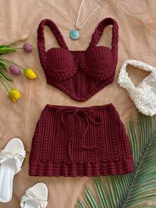 Soleia Bộ đồ hai mảnh gồm áo hai dây croptop móc len gợi cảm và chân váy cạp thấp, thích hợp cho lễ hội âm nhạc, phong cách bohemian, kỳ nghỉ, hẹn hò, tiệc trà chiều. - Màu Đỏ Sâu - Xem 4
