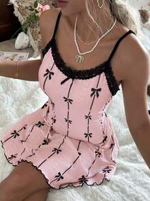 CottageSlumber Black Bow Tie Print Contrast Lace Trim Jacquard Camisole Nightgown - Pink - View 7