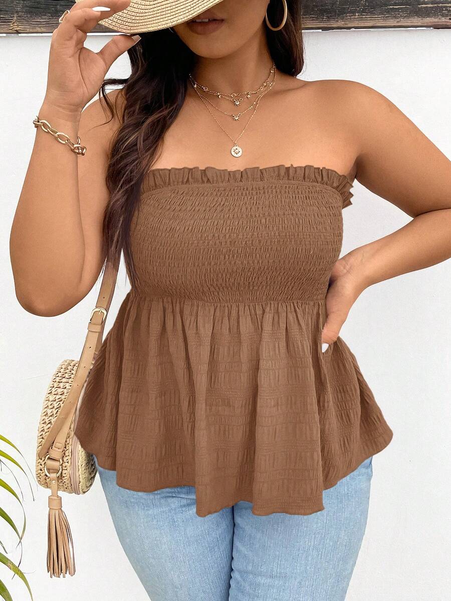 SHEIN Frenchy Canotta plissettata di colore unito, versatile per uso quotidiano, taglie comode per donne di taglia curvy - Castano - Visualizzare 1