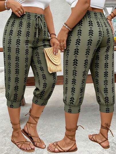 DrmWander 大码女式几何印花抽绳腰休闲七分裤