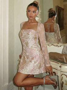 SHEIN PETITE Women's Elegant Sexy Pastal And Floral Jacquard Mini Dress,Autumn Lace Long Sleeve Square Neck Waist Cinching Party Golf Dress,Holiday Bridal Outfits - Pink - View 4