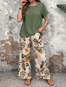 EMERY ROSE 2pcs/Set Women Casual Round Neck Top And Loose Pants, Versatile Outfit Suitable For Spring And Autumn - Multicolor - View 5