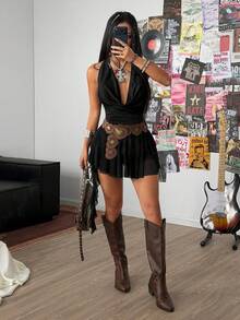 Coolane 女士春夏音乐会/锐舞派对/约会/街头风Y2K性感弹力高领露背无袖荷叶边流苏迷你连衣裙 - 黑色 - 查看 3