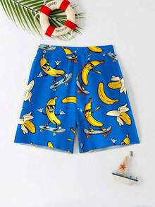 SHEIN Tween Boy Casual BANANA Print Loose Fit Beach Pants, Suitable For Summer, Beach, Outdoor, Swimming - Multicolor - View 3