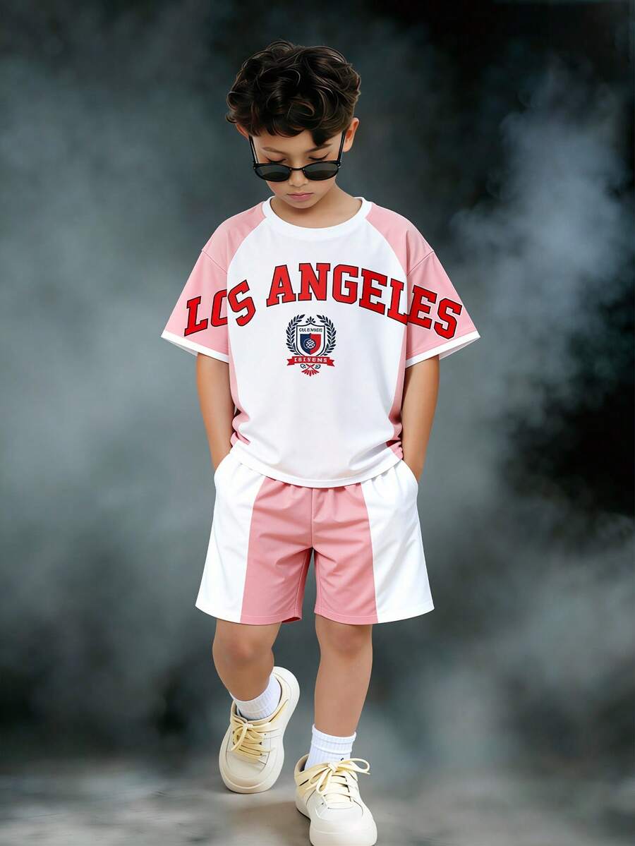 2pcs Tween Boy Casual Sportswear Set,White And Red Color-Blocked Patchwork Letter Print Short-Sleeved Shirt&Basketball Shorts,Summer Back-To-School