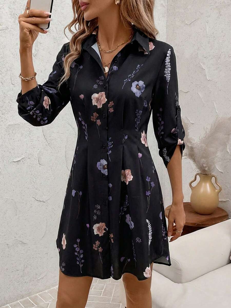 SHEIN Clasi 女士秋冬时尚百搭通勤印花衬衫裙 - 黑色 - 查看 1