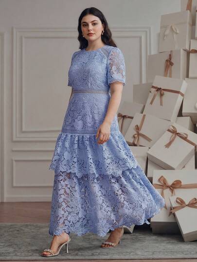  Anewsta New Party Summer Vacation Outfit Round Neck Short Sleeve Hollow Splice A-Line Dress, Exquisite Water-Soluble Lace, Elegant Plus Size Women Dress