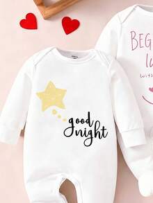 SHEIN 2-Pack Newborn Pajamas&Loungewear Set,Cute White Star-Moon Print Good Night Slogan Soft Fabric,Autumn Spring&Summer Lounge Pajamas For Infant - Multicolor - View 6