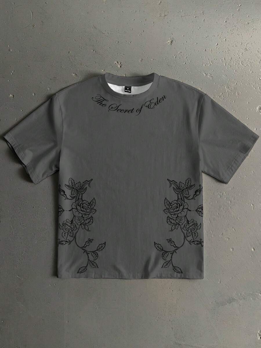 复古美式手写英文字体花卉印花超大宽松短袖T恤，时尚休闲穿搭，约会聚会必备，送给男友的合适礼物 - 灰色 - 查看 1