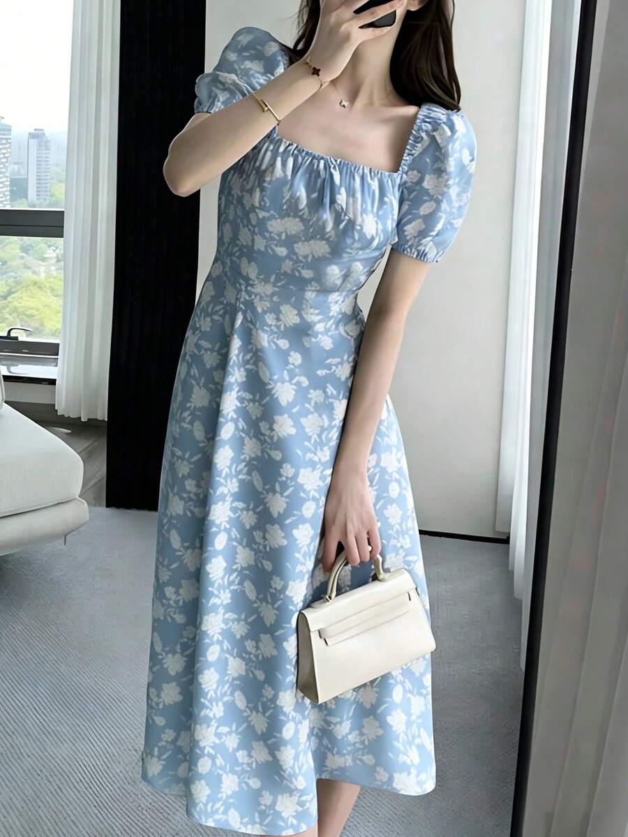 INAWLY Women's Floral Print Square Neck Petal Sleeve Elegant Dress - Baby Blue - View 1