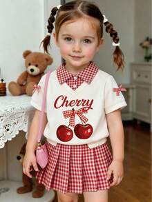 SHEIN Playful Pals 2pcs Baby Girls' Short Sleeve Top And Skirt Set,Red And White Plaid Collar Apricot Shirt,Cherry Print,Cute Summer Vacation Outfits,Fashionable Clothes - Apricot - View 3