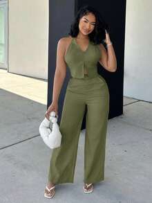 Alexandranx Deep V-Neck Backless Vest And Wide Leg Pants Suit, Office Lady & Casual Wear - Green - View 6