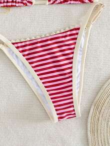 Bonvoyette New Arrival Women's Elegant Retro Y2K Cute Boho Sweet Preppy Red Pink Stripes Triangle Bikini Set With Luxury Lace Trim Edge & Contrast White Binding, Beachy Vacation Style Sexy Girl Pink Burgundy Horizontal Stripe Print, Swimwear With Halter Tie Top, Triangle Top, Thong Cheeky Bottom, Adjustable Straps,Smooth Stretch Quick Drying Fabric,Beachwear For Summer Beach Vacation, Pool Parties & Music Festivals,Tropical Getaways, Swim Island Mod/Vcay Vibes, Wedding Holidays - Red - View 9