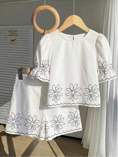 女童休闲度假白色蝴蝶结宽松无袖衬衫套装，夏季上衣，柔软舒适宽松版型，适合度假、旅行、校园、日常穿着