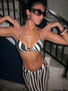 Aloruh 3 Pieces Zebra Print Bikini Set With Wooden Bead Decor,Halter Tie Waist Maxi Skirt,White,Summer,Casual,Party,Vacation,Holiday Beach Outfits For Women - Multicolor - View 8