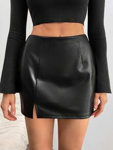 SHEIN Tall 女士纯色褶裥侧开衩PU皮紧身迷你裙开衩大腿裙仿皮裙黑色皮裙紧身裙 - 黑色 - 查看 8