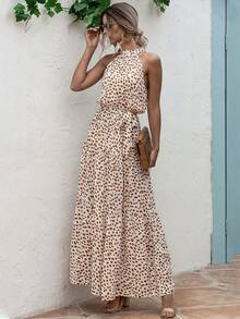 Breezaya Đầm Maxi In Nhiều Lớp Viền Thắt Lưng Halter Trang Phục Đi Biển Cho Nữ - trắng - Xem 3