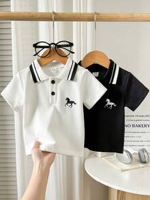 Baby Boys Polo Collar Embroidered Short Sleeve T-Shirt. This Item Combines The Classic Polo Shirt Design With A Fashionable And Lively Embroidered Pattern, - Multicolor - View 3