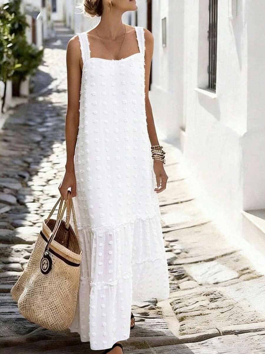 Breezaya Gaun Jacquard Kasual Serbaguna untuk Liburan dengan Tali Bahu Tipis, Model Terbaru - Putih - View 1