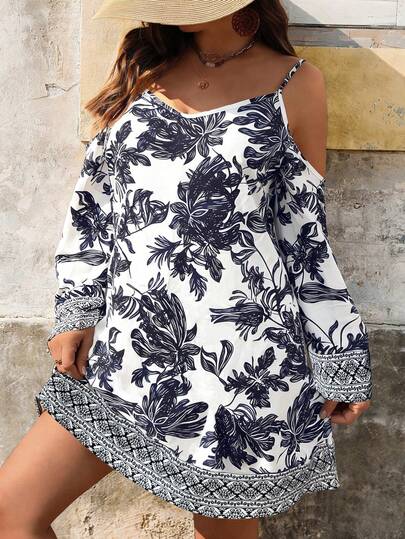 Breezaya Plus Size Women Floral Print Off Shoulder Long Sleeve Loose Maxi Dress