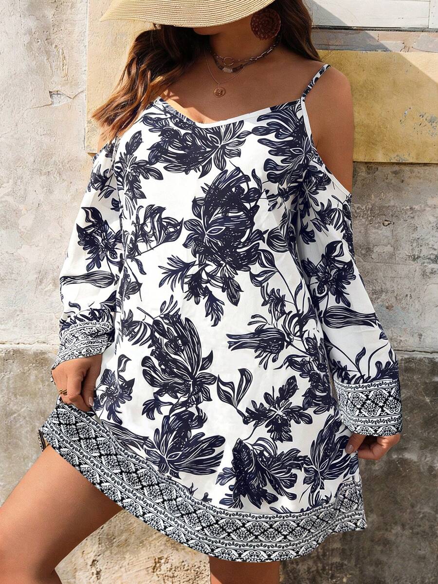 Breezaya Plus Size Women Floral Print Off Shoulder Long Sleeve Loose Maxi Dress - Multicolor - View 1
