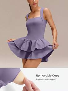 GLOWMODE Game On Buttery-Soft Quick-Dry Cups Removable Shorts Built-In Pockets Side Pockets Squareneck Cutout Back Tiered Tennis Dress Golf Pickleball Gym - Lilac Dream - View 3