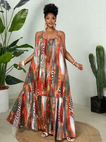 Maweii 2025新款大码女式优雅日常时尚撞色印花梭织面料时尚休闲度假吊带裙 - 彩色 - 查看 4