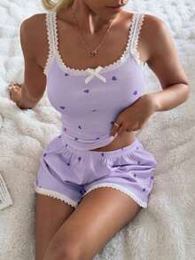ZzzCrew Bộ đồ ngủ lụa hai dây và quần short màu hồng họa tiết trái tim phối ren gân dành cho nữ - Màu tím - Xem 6